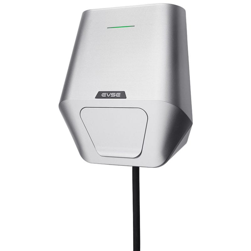 Besen LX30 22kW APP Blanco, cargador mural plateado con luz LED verde superior y cable fijo saliente; diseño compacto y moderno para pared