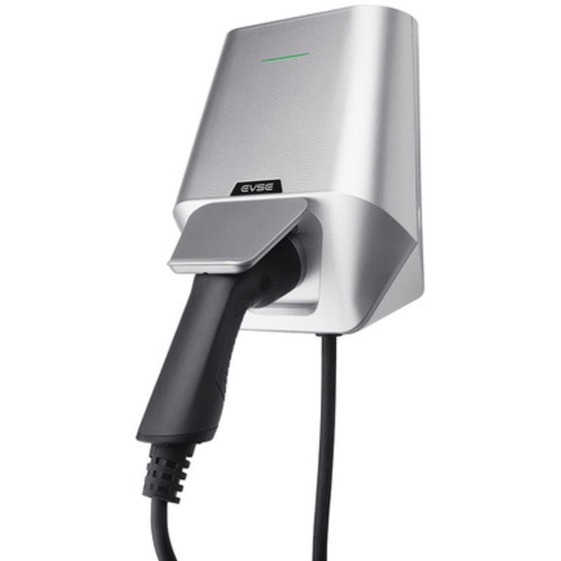 Besen LX30 22kW APP Blanco: cargador mural plateado con frontal blanco, luz LED verde de estado y cable con conector tipo pistola, diseño compacto y moderno