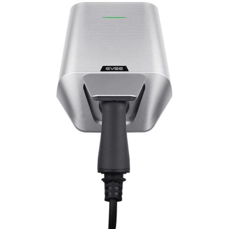 Besen LX30 22kW APP Blanco con carcasa plateada, luz LED verde y conector frontal negro; diseño compacto de pared para carga de coche eléctrico