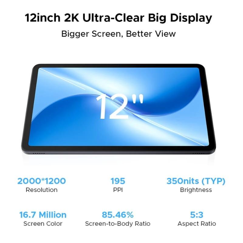 Doogee U12 VIP Edition 12 6GB/128GB WiFi Preto com tela 12 inch 2K, bordas finas, 2000x1200, 350 nits, 195 ppi, 85,46% SBR, 16,7M cores, proporção 5:3