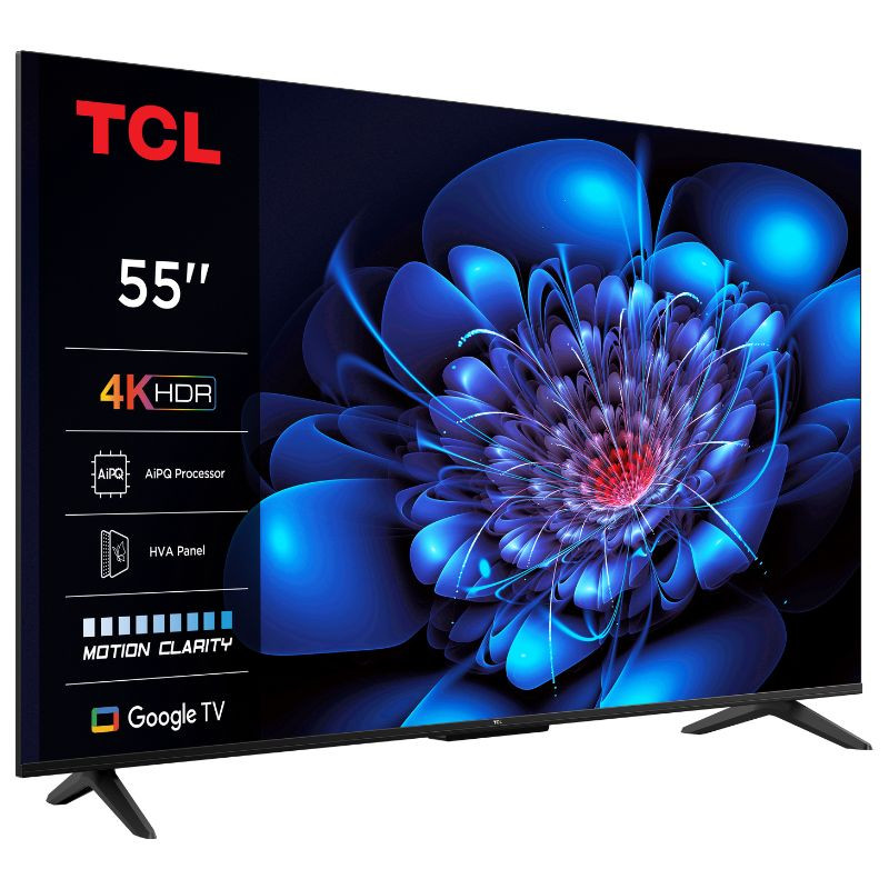 TCL 55 55P61K UHD GoogleTV HDR10 Dolby Audio en color negro, pantalla delgada con biseles finos, patas dobles y panel HVA con Motion Clarity y 4K HDR