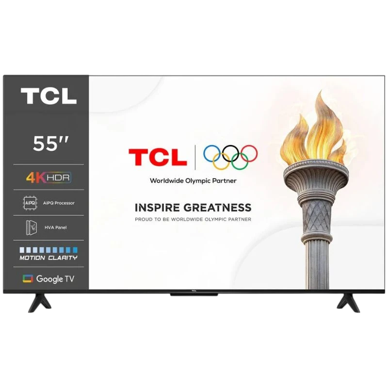 TCL 55 55P61K UHD GoogleTV HDR10 con marco negro delgado, soportes en V, panel 4K HDR, Dolby Audio y logos olímpicos en pantalla