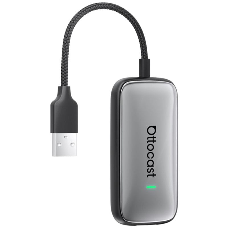 Ottocast Play2Video Ultra adaptador inalámbrico compacto en color gris metálico con cable trenzado USB y luz LED indicadora para Apple CarPlay y Android Auto