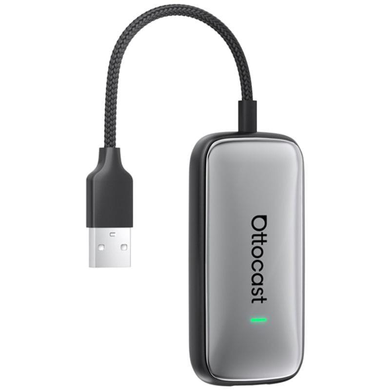 Ottocast Play2Video Ultra adaptador inalámbrico compacto en color gris metálico con cable trenzado USB y luz LED indicadora para Apple CarPlay y Android Auto