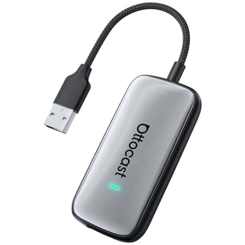 Ottocast Play2Video Ultra adaptador compacto plateado con luz LED verde, carcasa metálica y cable trenzado USB para CarPlay y Android Auto inalámbrico