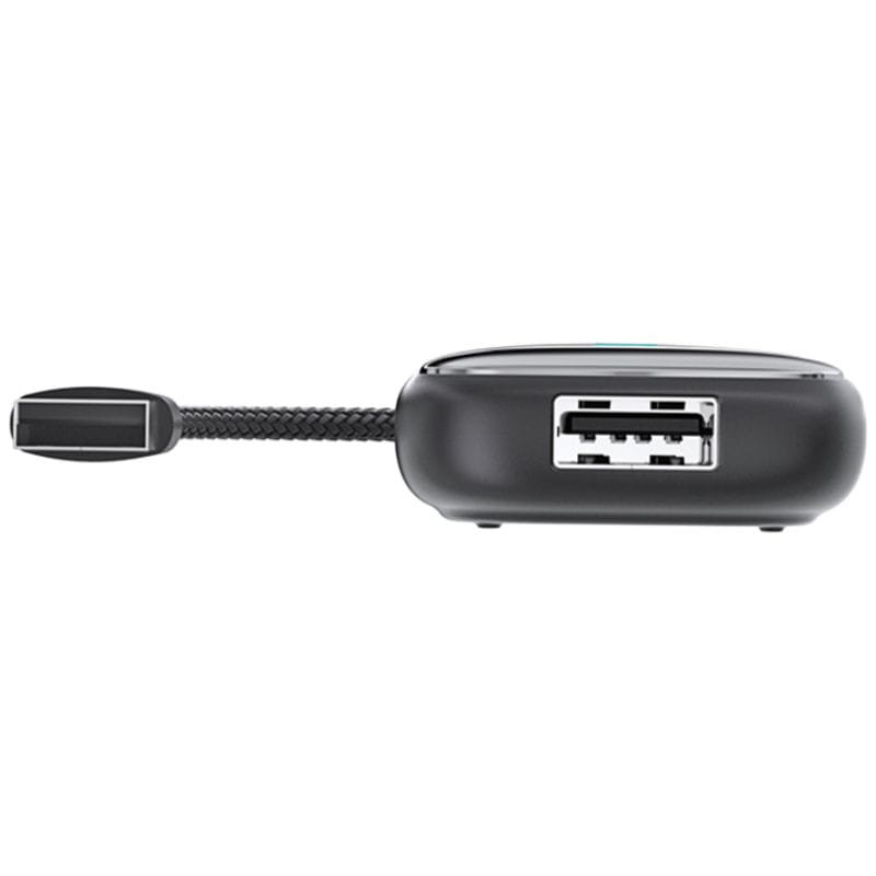 Ottocast Play2Video Ultra adaptador compacto negro con cable trenzado corto y dos puertos USB frontales, diseño minimalista para CarPlay y Android Auto