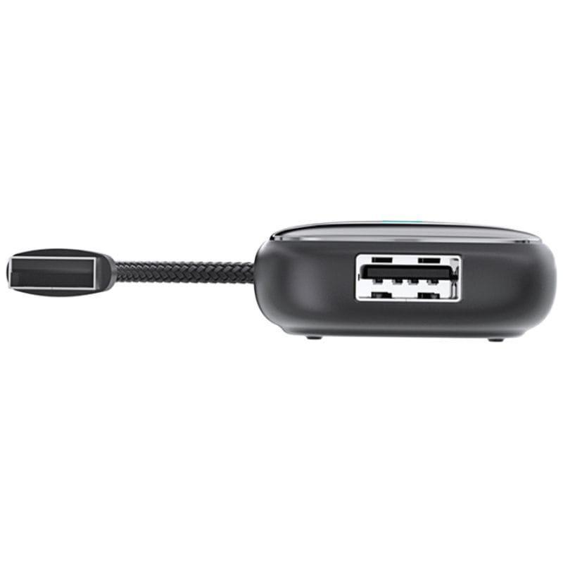 Ottocast Play2Video Ultra adaptador compacto negro con cable trenzado corto y dos puertos USB frontales, diseño minimalista para CarPlay y Android Auto