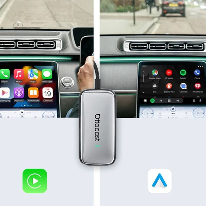 Ottocast Play2Video Ultra adaptador compacto plateado con cable trenzado; conecta CarPlay y Android Auto de forma inalámbrica en el tablero del coche