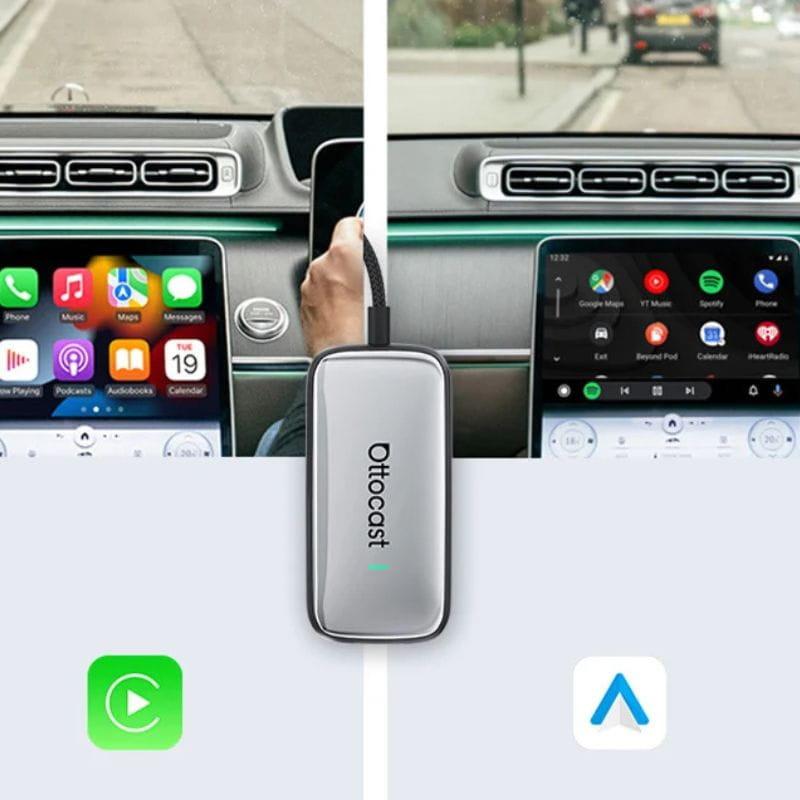 Ottocast Play2Video Ultra adaptador compacto plateado con cable trenzado; conecta CarPlay y Android Auto de forma inalámbrica en el tablero del coche