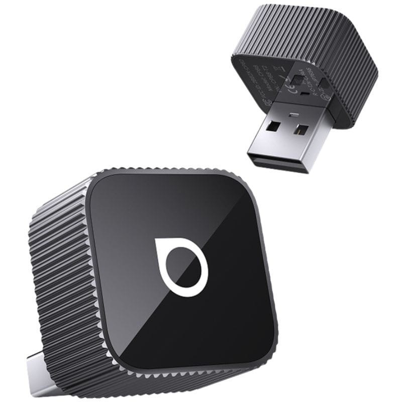 Ottocast CP88-T2 Mini adaptador inalámbrico compacto con conector USB, acabado negro brillante y bordes estriados, ideal para Apple CarPlay y Android Auto