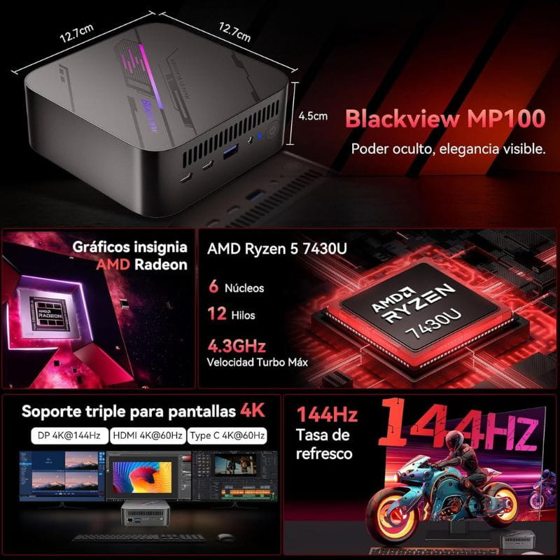 Mini PC Blackview MP100 compacto y negro con luces RGB, puertos frontales USB y audio, destaca Ryzen 7 7430U, soporte triple 4K y salida hasta 144 Hz