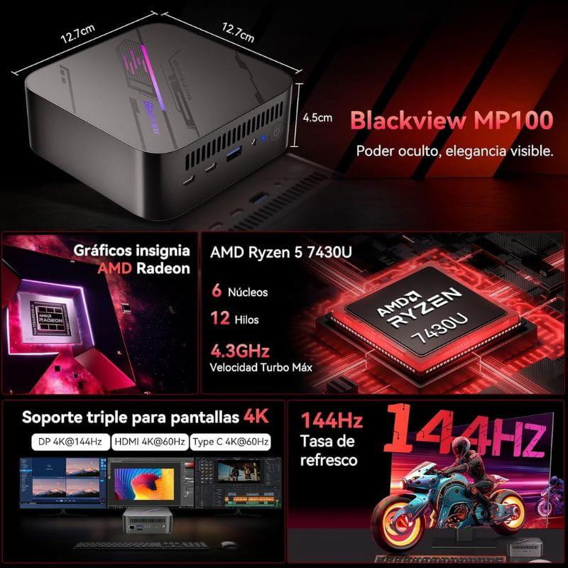Mini PC Blackview MP100 compacto y negro con luces RGB, puertos frontales USB y audio, destaca Ryzen 7 7430U, soporte triple 4K y salida hasta 144 Hz