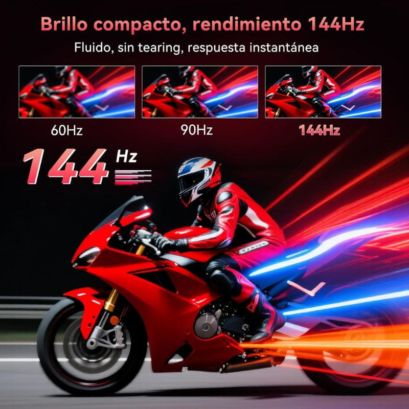 Gráficos fluidos 144 Hz con respuesta instantánea, ideal para juegos sin tearing; comparativa 60/90/144 Hz con motociclista rojo en alta velocidad