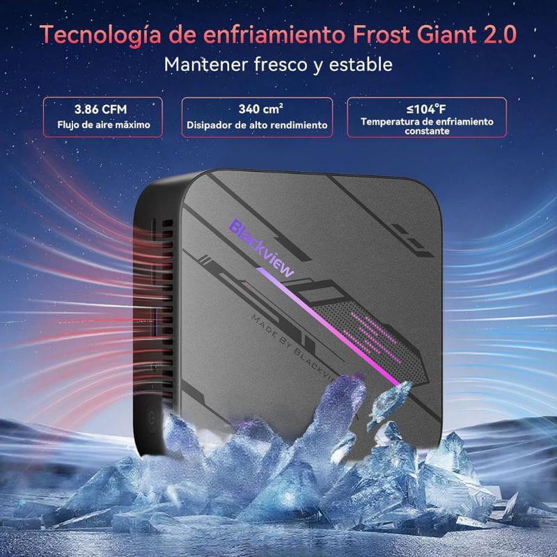 Mini PC Blackview MP100 compacto en negro con LED frontal, rejillas laterales de ventilación Frost Giant 2.0, diseño geométrico y logotipo Blackview visible