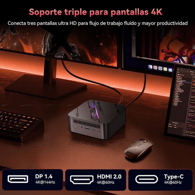 Mini PC Blackview MP100 compacto en negro con LED morado, puertos frontales USB y jack, admite triple pantalla 4K vía DP 1.4, HDMI 2.0 y USB‑C Type‑C