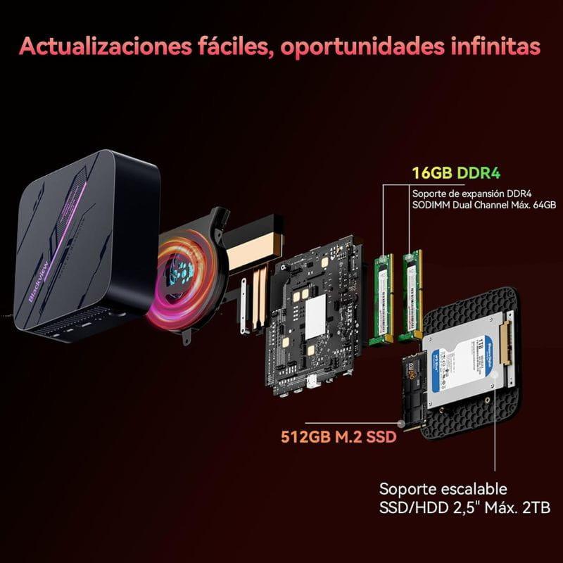 Mini PC Blackview MP100 compacto con chasis negro, ventilador RGB, placa base, 16 GB DDR4, SSD M.2 512 GB y bahía 2.5 pulgadas hasta 2 TB, Wi‑Fi 6