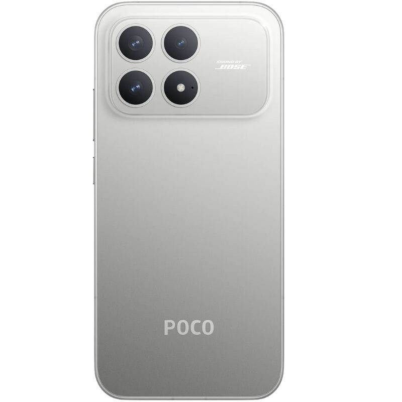 Xiaomi Poco F8 Pro 5G 12GB/512GB Plata con módulo de cámara cuádruple prominente, acabado metálico mate y detalle Sound by BOSE en la tapa trasera