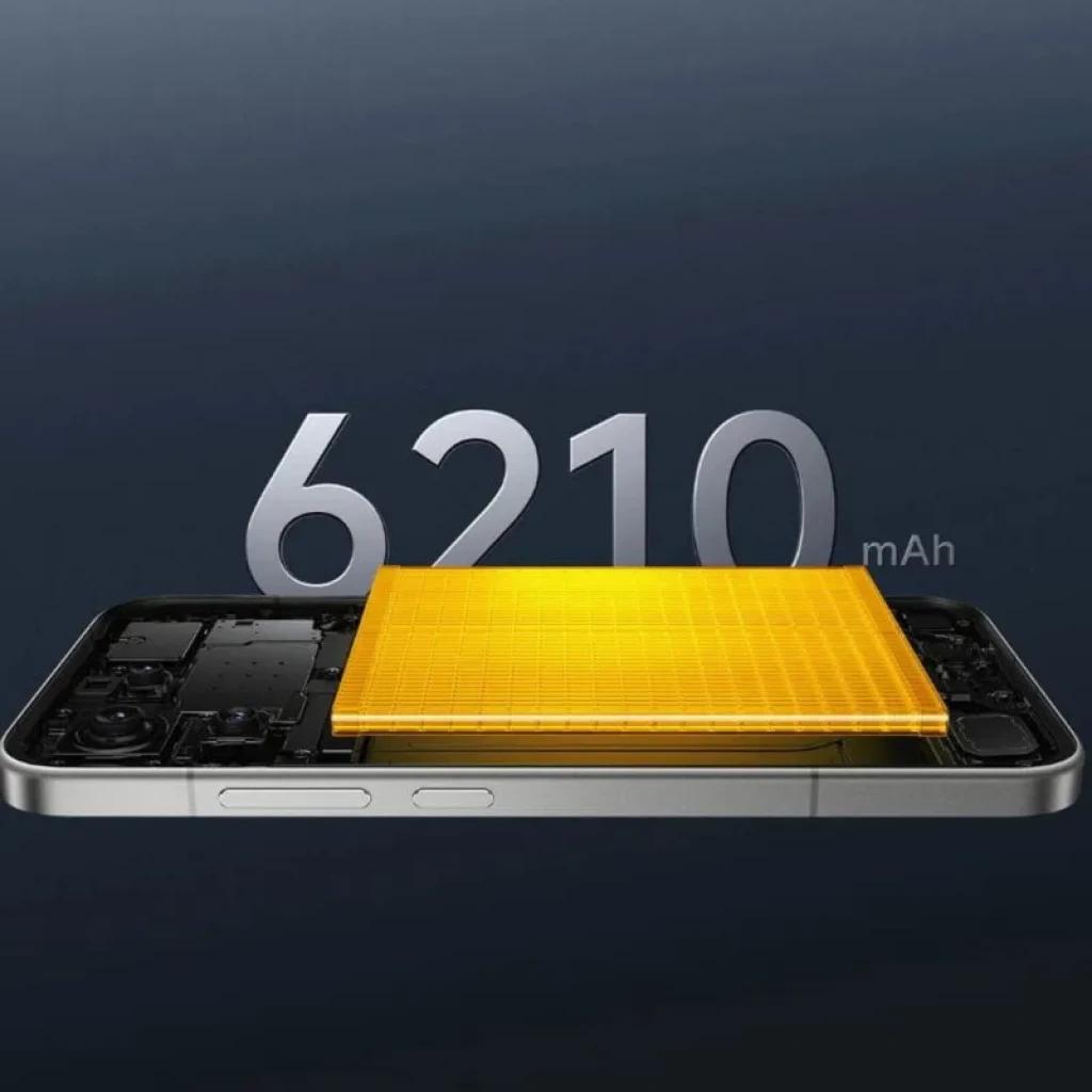 Batería de 6210 mAh destacada sobre el cuerpo del Xiaomi Poco F8 Ultra 5G 16GB/512GB Negro, vista lateral del teléfono con módulo interno expuesto