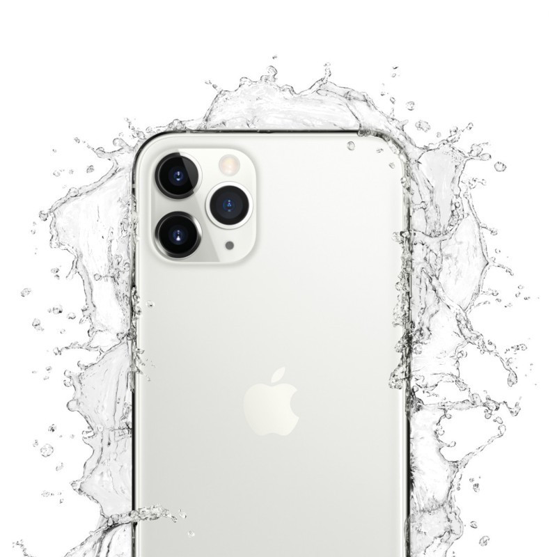 iPhone 11 Pro plata 256GB reacondicionado premium con triple cámara trasera, marco acero pulido, incluye cargador USB‑C, cable Lightning y auriculares