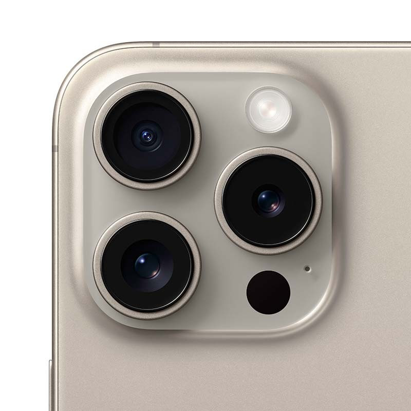 iPhone 15 Pro 5G 256 GB Titânio Natural Recondicionado Estado Premium com módulo de câmera tripla, lentes grandes e flash, acabamento metálico elegante
