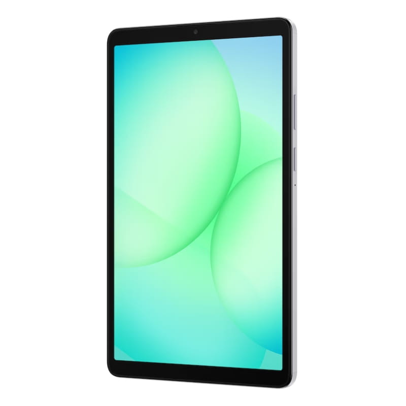 Tablet Samsung Galaxy Tab A11 8,7 prata com tela fina de bordas estreitas, câmera frontal central, corpo metálico, botões e slot lateral visíveis