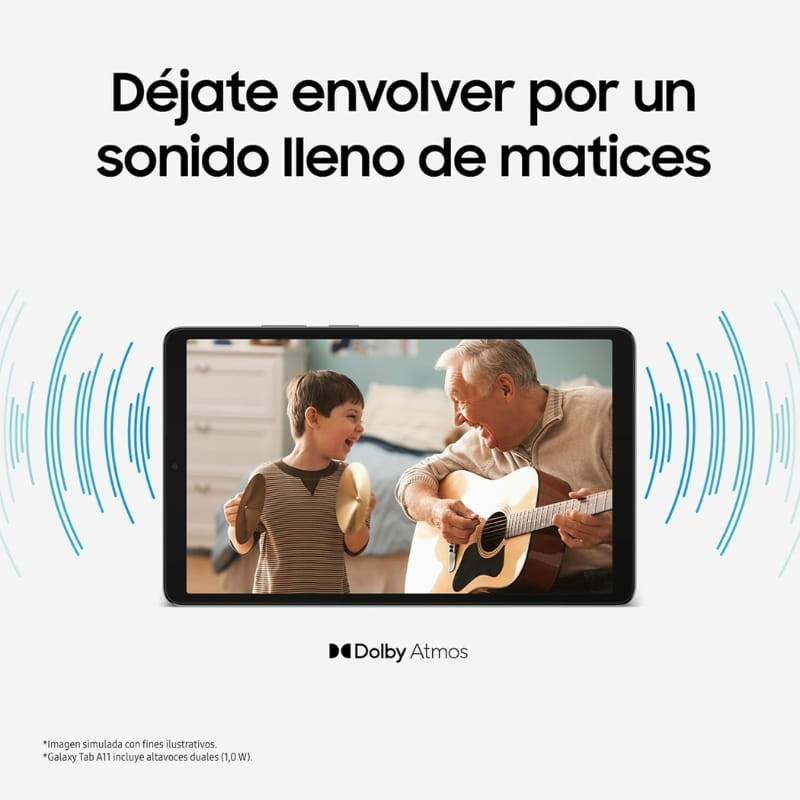 Samsung Galaxy Tab A11 8,7 prata com tela fina, bordas estreitas e câmera frontal 5 MP ao centro superior, ideal para videochamadas claras e estáveis