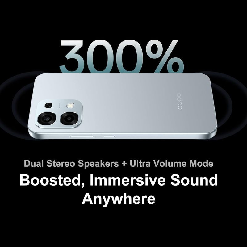 Oppo A6 Pro 5G 8GB/256GB Plata con acabado metálico, doble altavoz estéreo y Ultra Volume; módulo dual de cámara trasera y bordes planos elegantes.