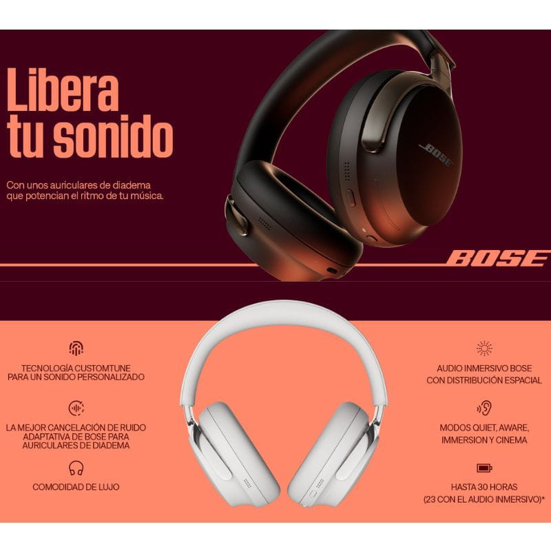 Bose QuietComfort Ultra 2e génération blanc, casque circum-aural élégant, coques ovales lisses, arceau rembourré, finitions argentées raffinées