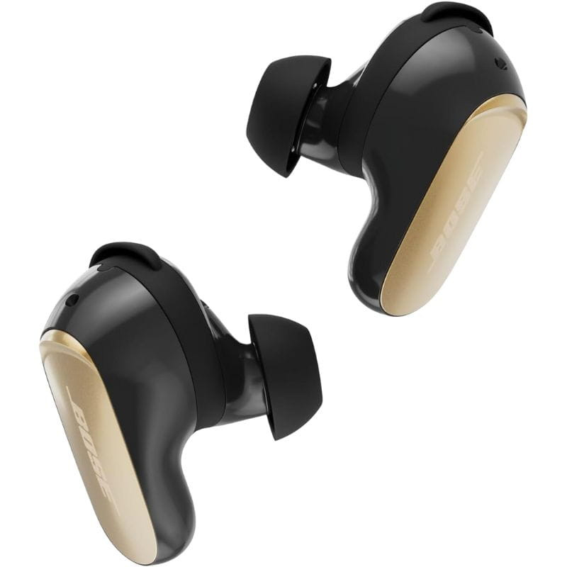 Écouteurs Bose QuietComfort Ultra 2e génération TWS Desert Gold, embouts silicone, finition noir et or, design compact et ergonomique, logo Bose visible