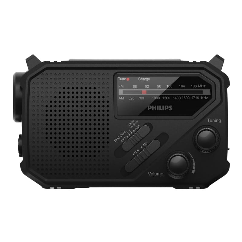 Philips TAR1609/00 radio portátil analógica con linterna, dial AM/FM, altavoz frontal, perillas de volumen y sintonía, diseño compacto negro robusto