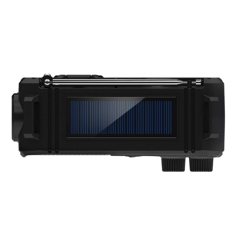 Philips TAR1609/00 radio portátil analógica con linterna, panel solar superior, carcasa negra robusta y dos perillas laterales para control y ajuste