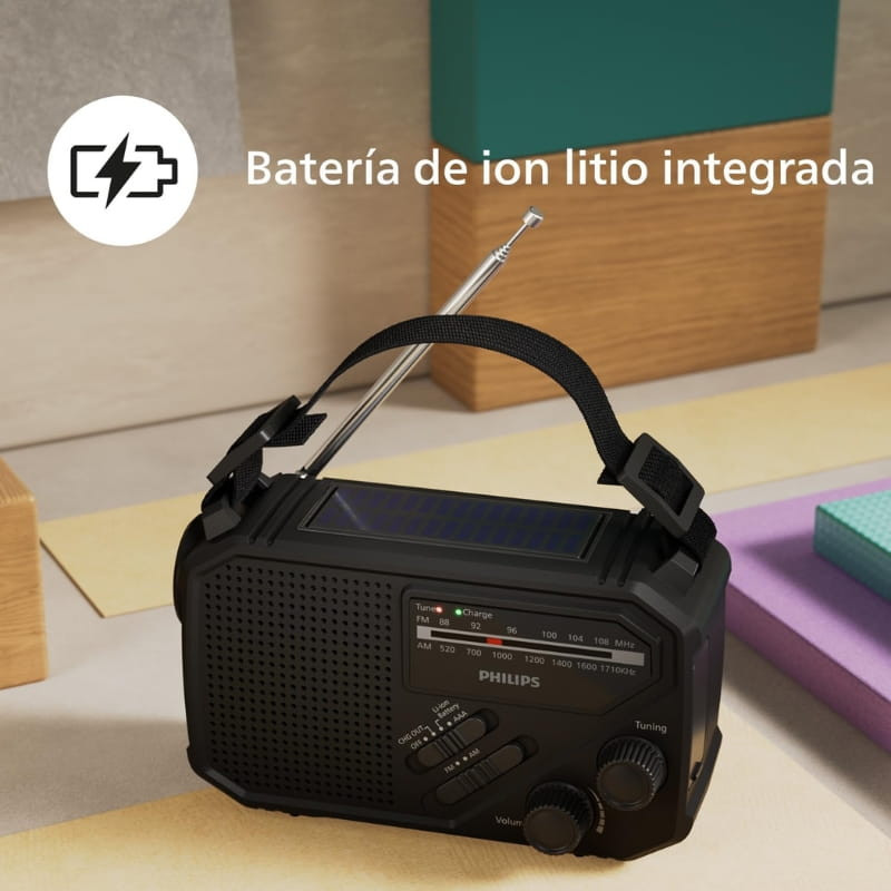 Philips TAR1609/00 radio portátil analógica negra con antena telescópica, panel solar, asa de transporte, linterna frontal y diales de volumen y sintonía