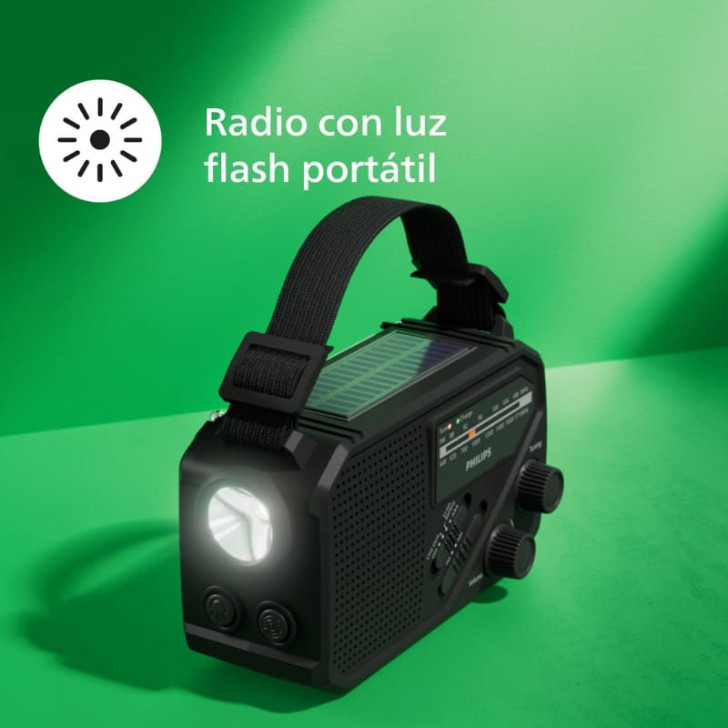 Philips TAR1609/00 radio portátil analógica negra con linterna frontal, manija de tela, panel solar superior, altavoz lateral y perillas de control