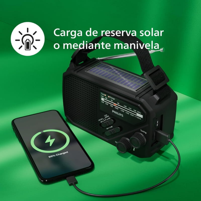 Philips TAR1609/00 radio portátil negra con linterna, panel solar, manivela y antena. Carga móvil por USB, diales frontales y correa superior ajustable.