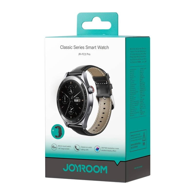 Joyroom JR-FC2 Pro Gris - Reloj Inteligente con sensor óptico verde en la base, carcasa negra metálica, corona lateral y correa de cuero marrón