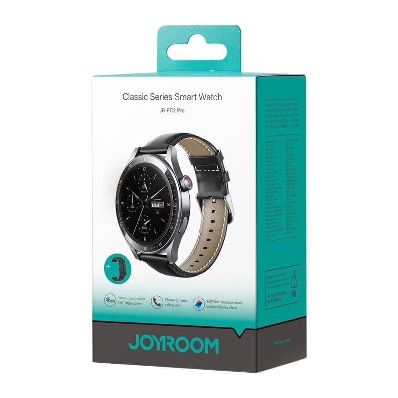 Joyroom JR-FC2 Pro Gris - Reloj Inteligente con sensor óptico verde en la base, carcasa negra metálica, corona lateral y correa de cuero marrón