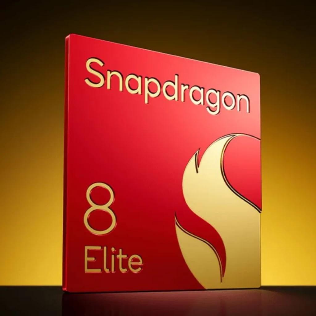 Chip Snapdragon 8 Elite en rojo y dorado con logotipo de llama; diseño cuadrado metálico pulido, iluminación cálida y fondo degradado amarillo a negro