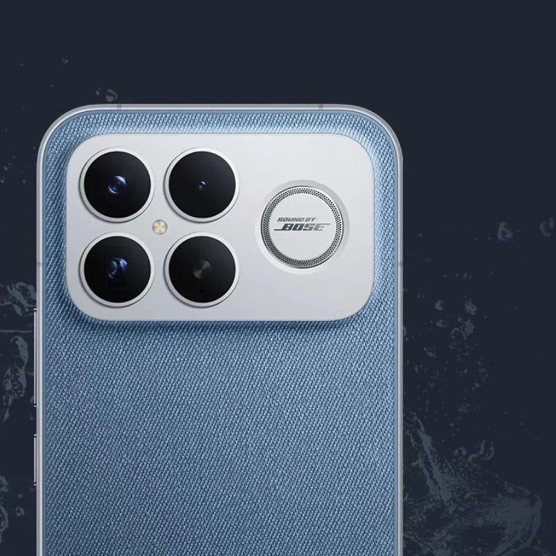 Xiaomi Poco F8 Ultra 5G 16Go/512Go Blue Denim avec dos effet jean, module photo carré à triple capteur large et anneau circulaire Bose argenté