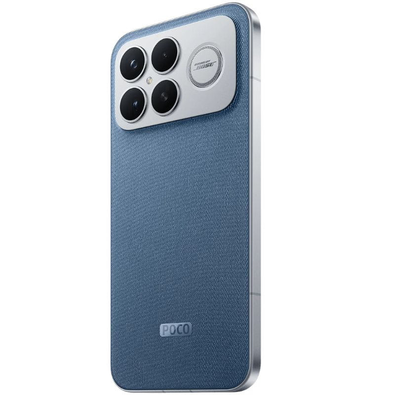 Xiaomi Poco F8 Ultra 5G 16Go/512Go Blue Denim avec dos textile bleu, cadre métal argenté, module photo carré 4 capteurs proéminents, logo POCO en bas