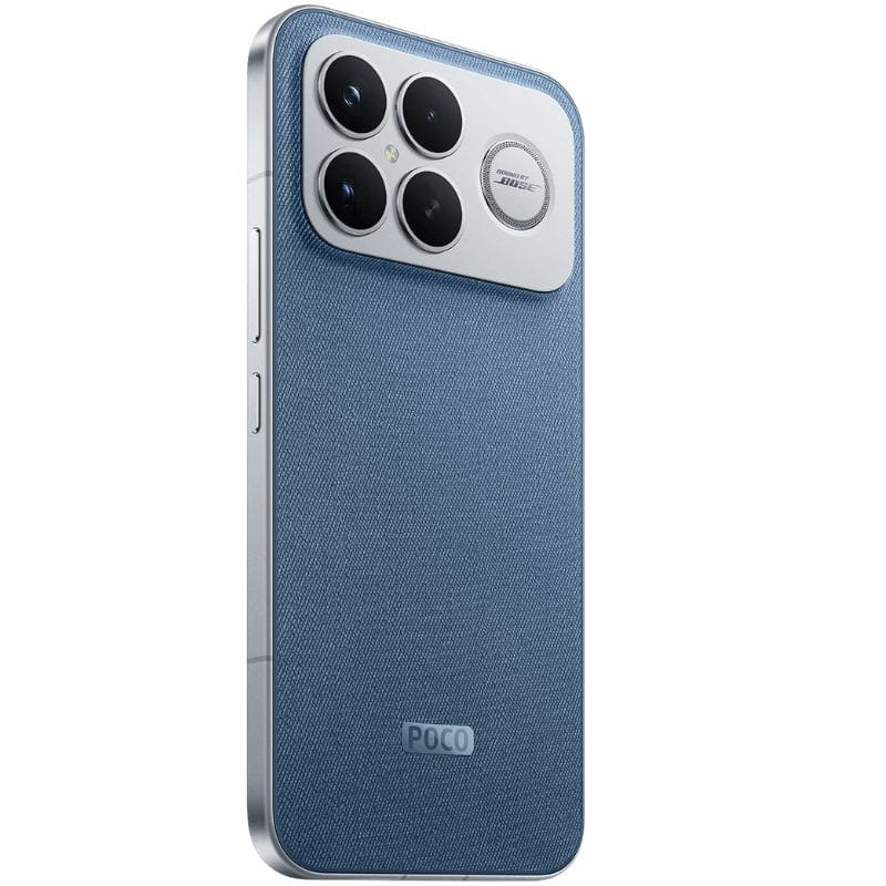 Xiaomi Poco F8 Ultra 5G 16Go/512Go Blue Denim avec dos en tissu denim bleu, cadre métal argenté et module photo triple grand format avec flash circulaire