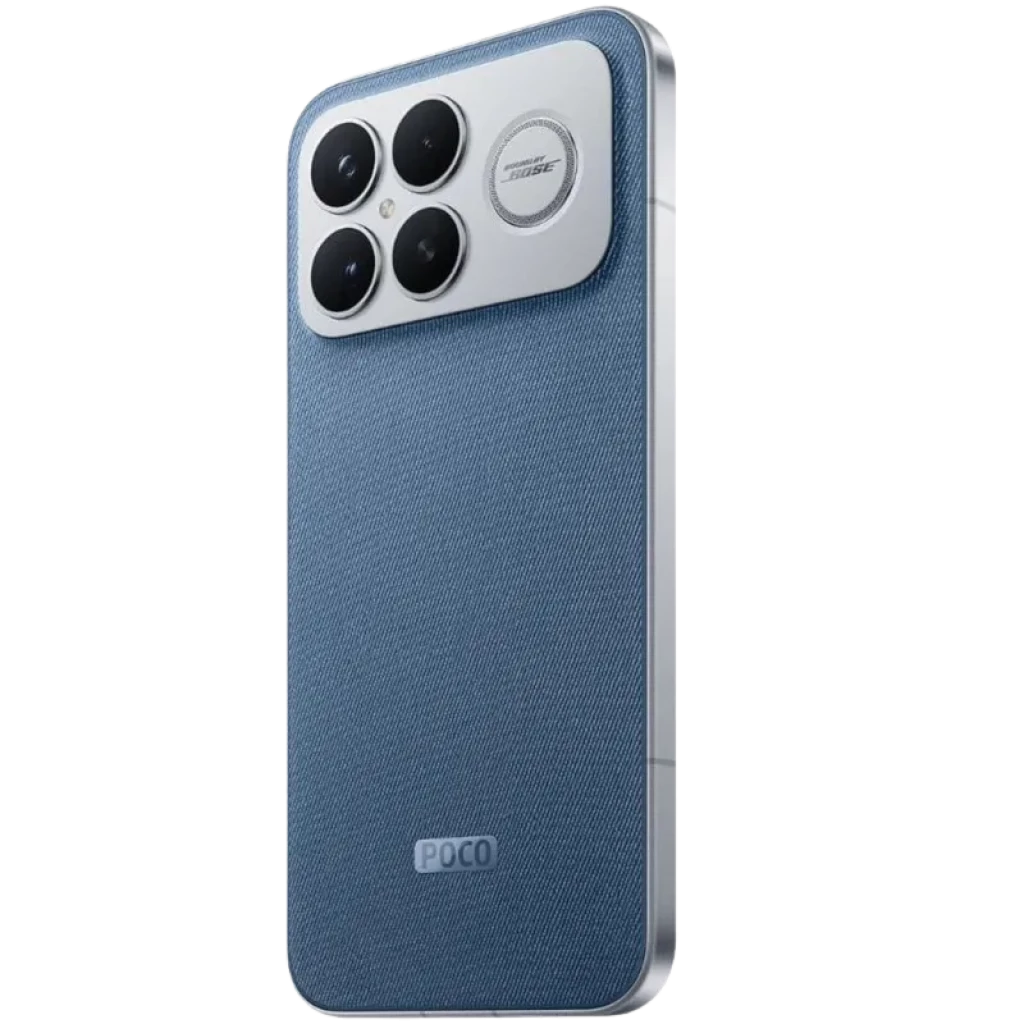 Xiaomi Poco F8 Ultra 5G 12GB/256GB Blue Denim con tapa trasera azul textil, módulo de cámara cuadrado plateado con tres lentes grandes y bordes metálicos