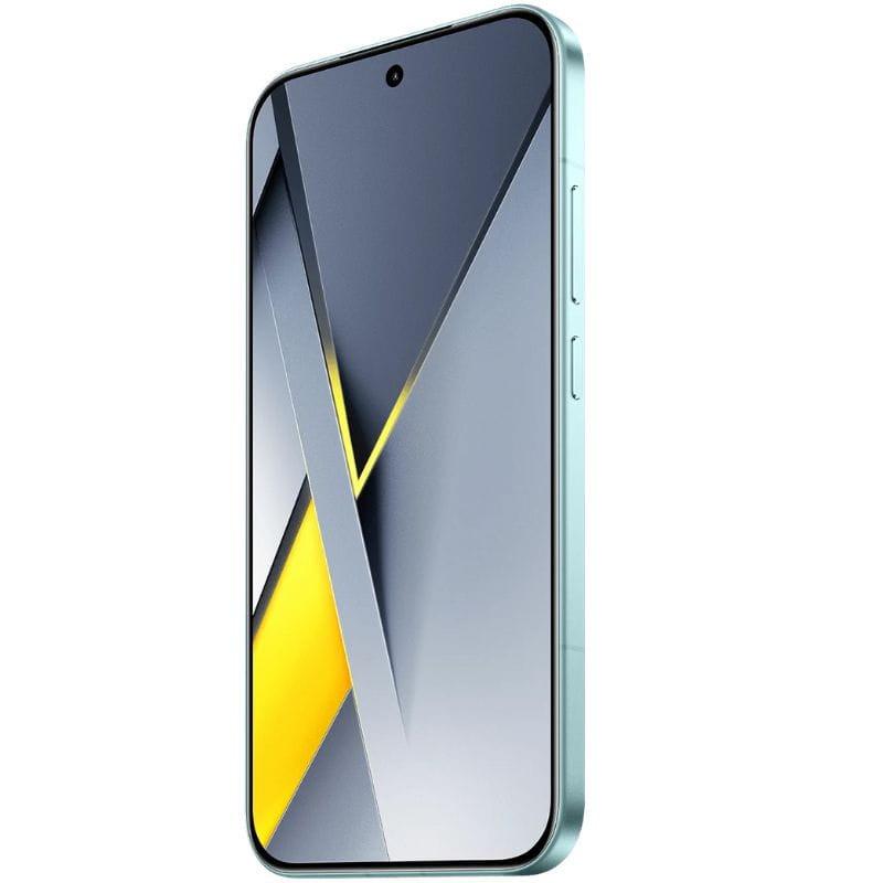 Xiaomi Poco F8 Pro 5G 12GB/512GB Azul, pantalla perforada, marcos finos, dos móviles conectados por cable USB amarillo con carga inversa junto al mar