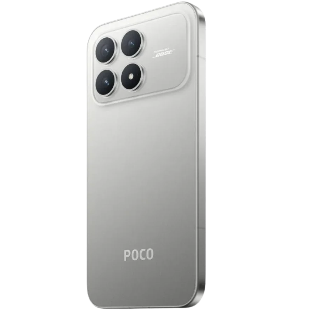 Xiaomi Poco F8 Pro 5G 12GB/256GB Plata con acabado metálico, módulo trasero cuadrado y cuatro cámaras grandes en esquina, bordes rectos y logo POCO