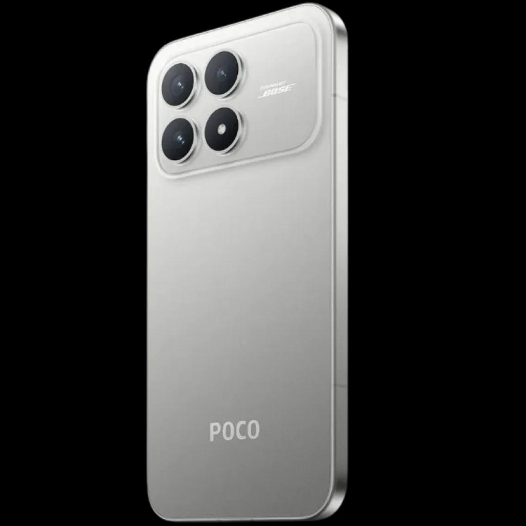 Xiaomi Poco F8 Pro 5G 12GB/256GB Plata con acabado metálico, módulo trasero cuadrado y cuatro cámaras grandes en esquina, bordes rectos y logo POCO