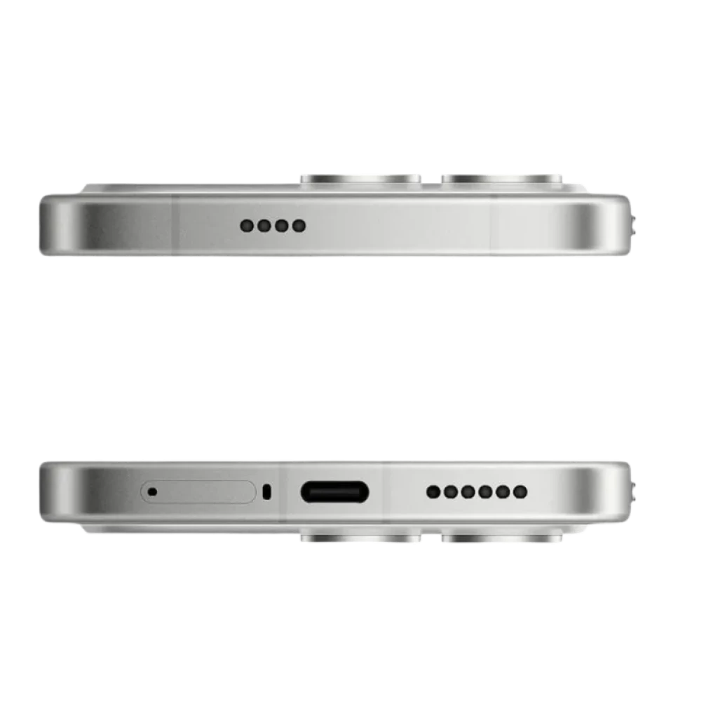 Xiaomi Poco F8 Pro 5G 12GB/256GB Plata mostrado de canto: marco metálico plateado, puerto USB-C, rejillas de altavoz, bandeja SIM y cámara trasera con doble