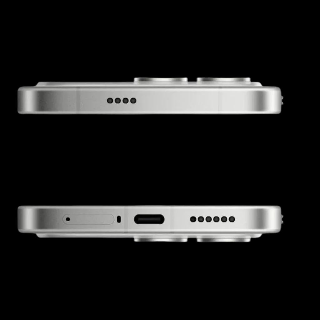 Xiaomi Poco F8 Pro 5G 12GB/256GB Plata mostrado de canto: marco metálico plateado, puerto USB-C, rejillas de altavoz, bandeja SIM y cámara trasera con doble