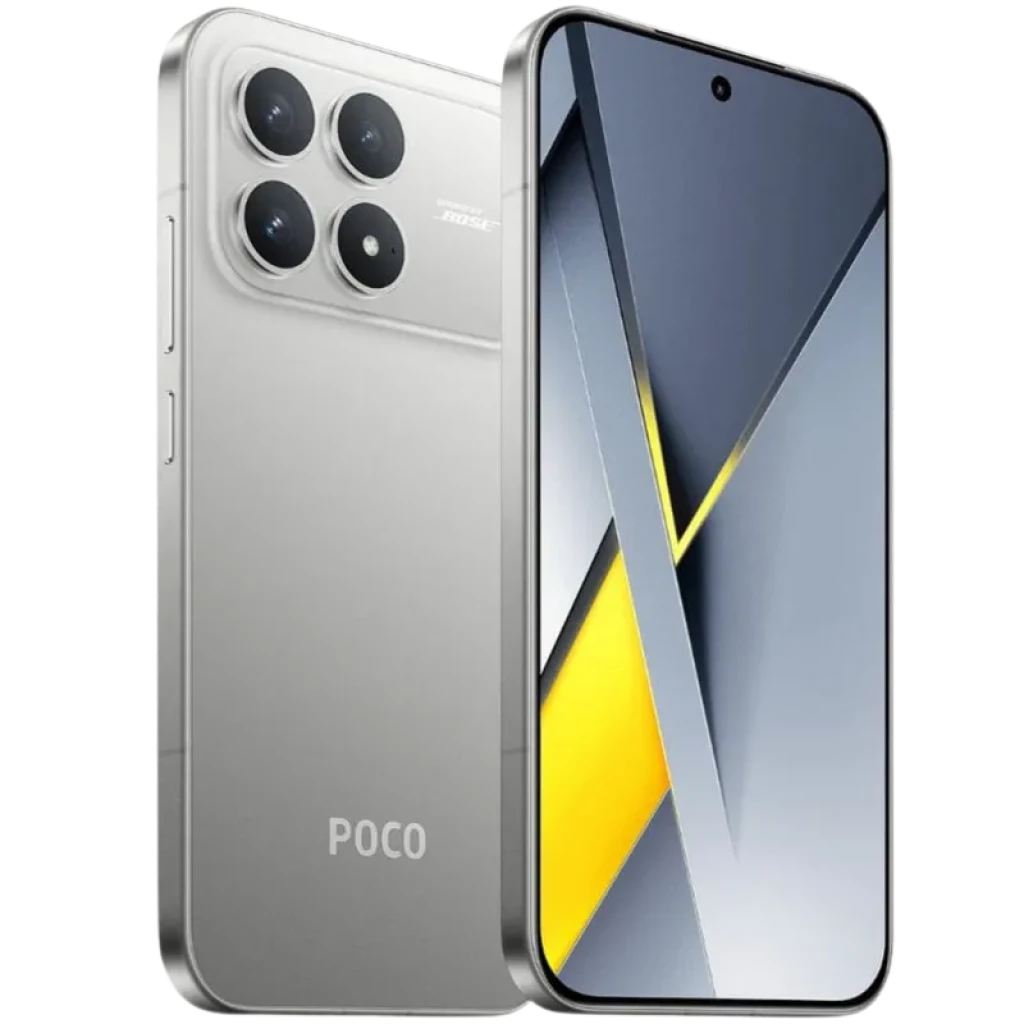 Xiaomi Poco F8 Pro 5G 12GB/256GB Plata con triple cámara trasera grande, módulo cuadrado, cuerpo metálico plateado y pantalla frontal con agujero central