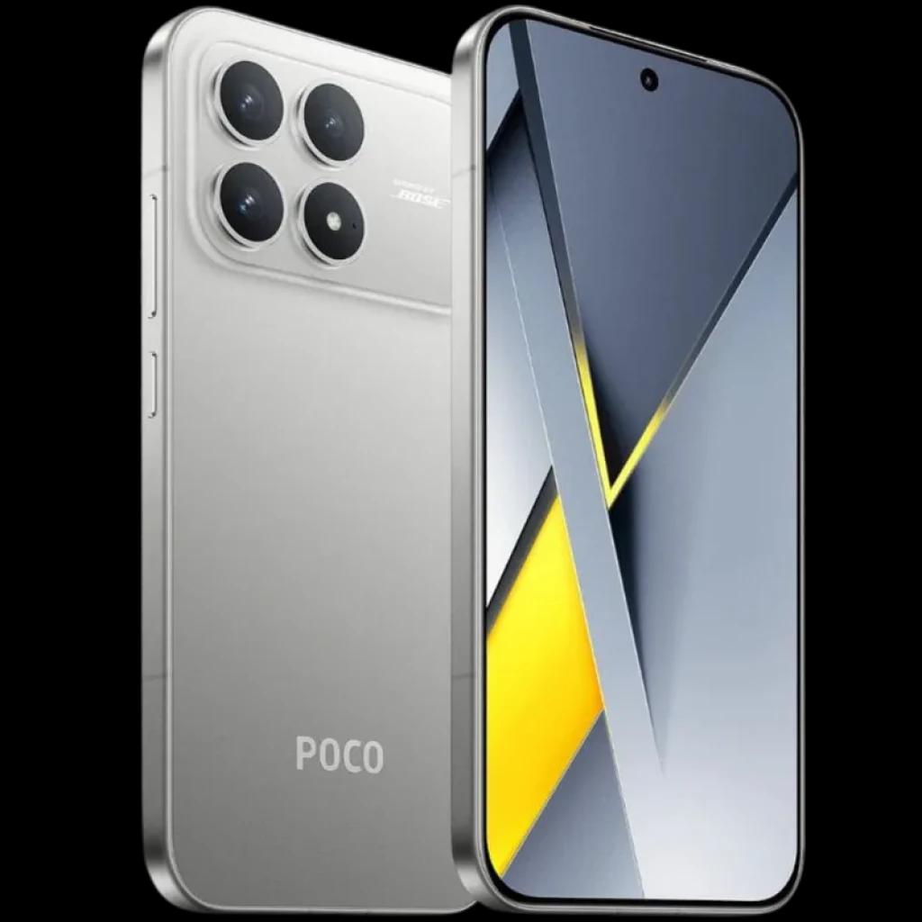 Xiaomi Poco F8 Pro 5G 12GB/256GB Plata con triple cámara trasera grande, módulo cuadrado, cuerpo metálico plateado y pantalla frontal con agujero central