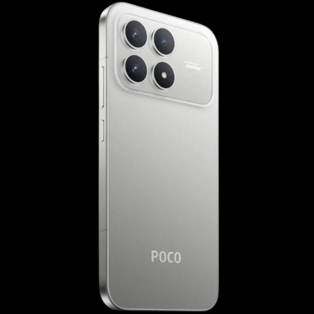 Xiaomi Poco F8 Pro 5G 12GB/256GB Plata con acabado metálico plateado, módulo rectangular y triple cámara grande, bordes planos y logo POCO en la trasera