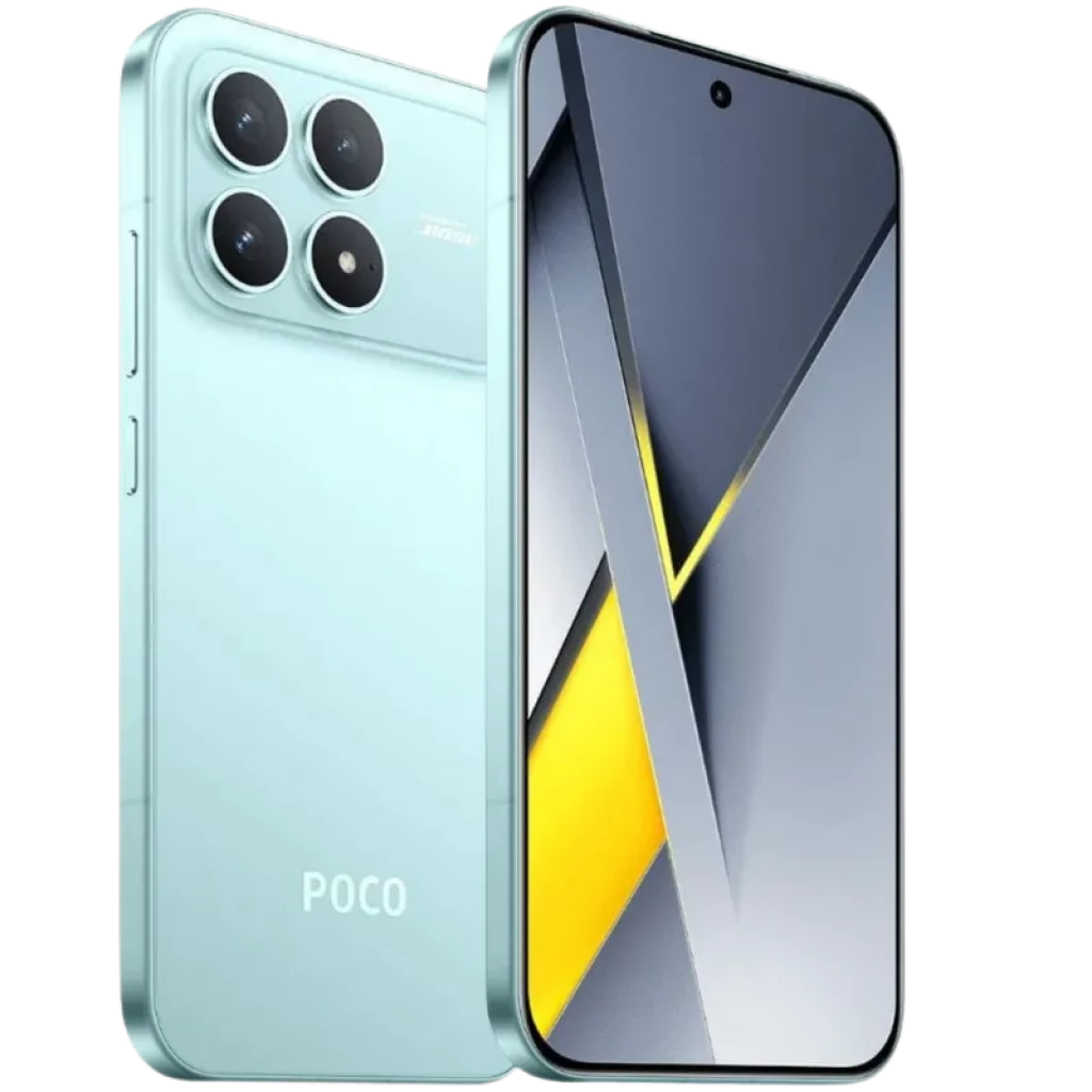 Xiaomi Poco F8 Pro 5G 12GB/256GB azul con pantalla perforada sin bordes y módulo trasero triple grande; acabado mate y bordes planos elegantes